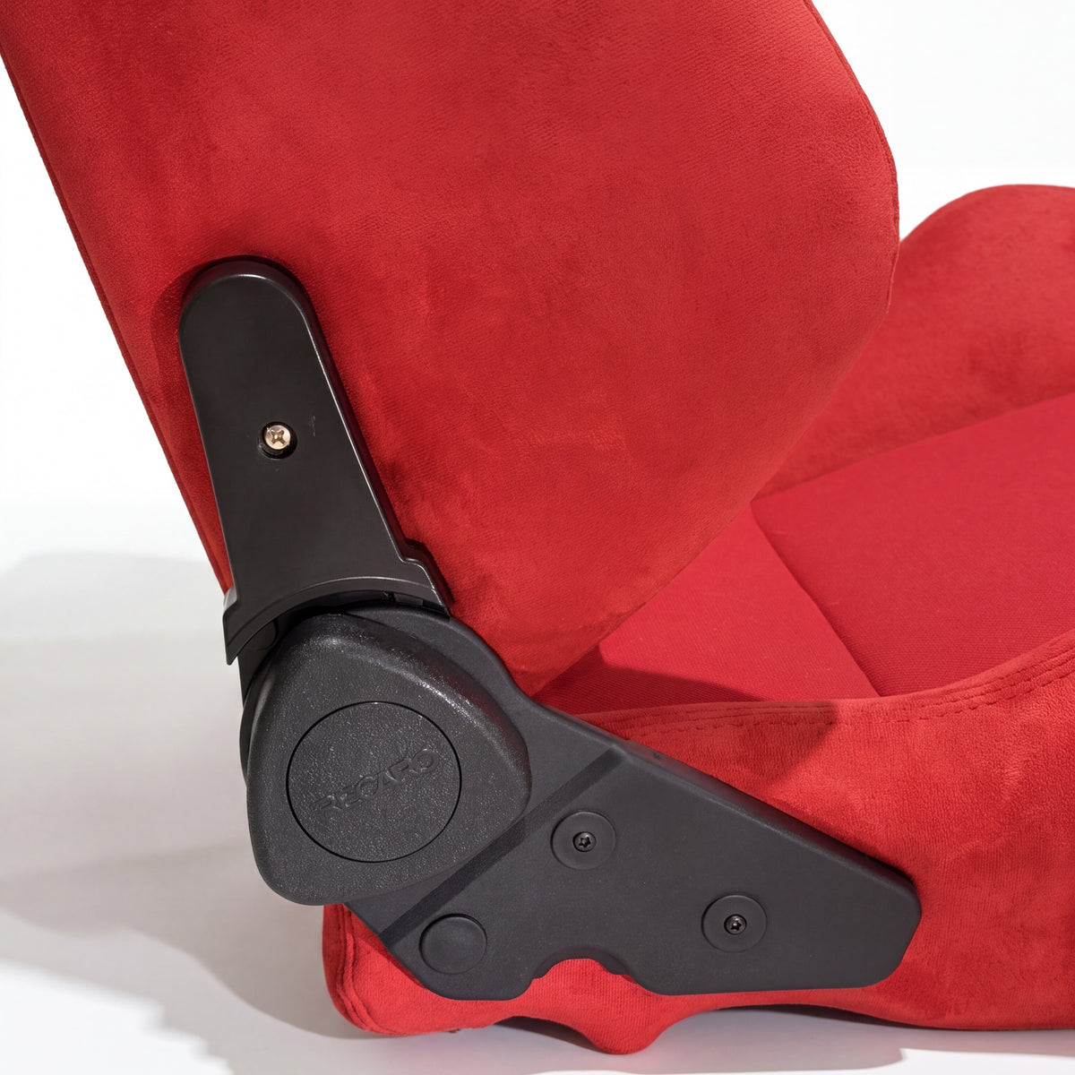 SR4 style bucket seat in red, recline adjuster close-up